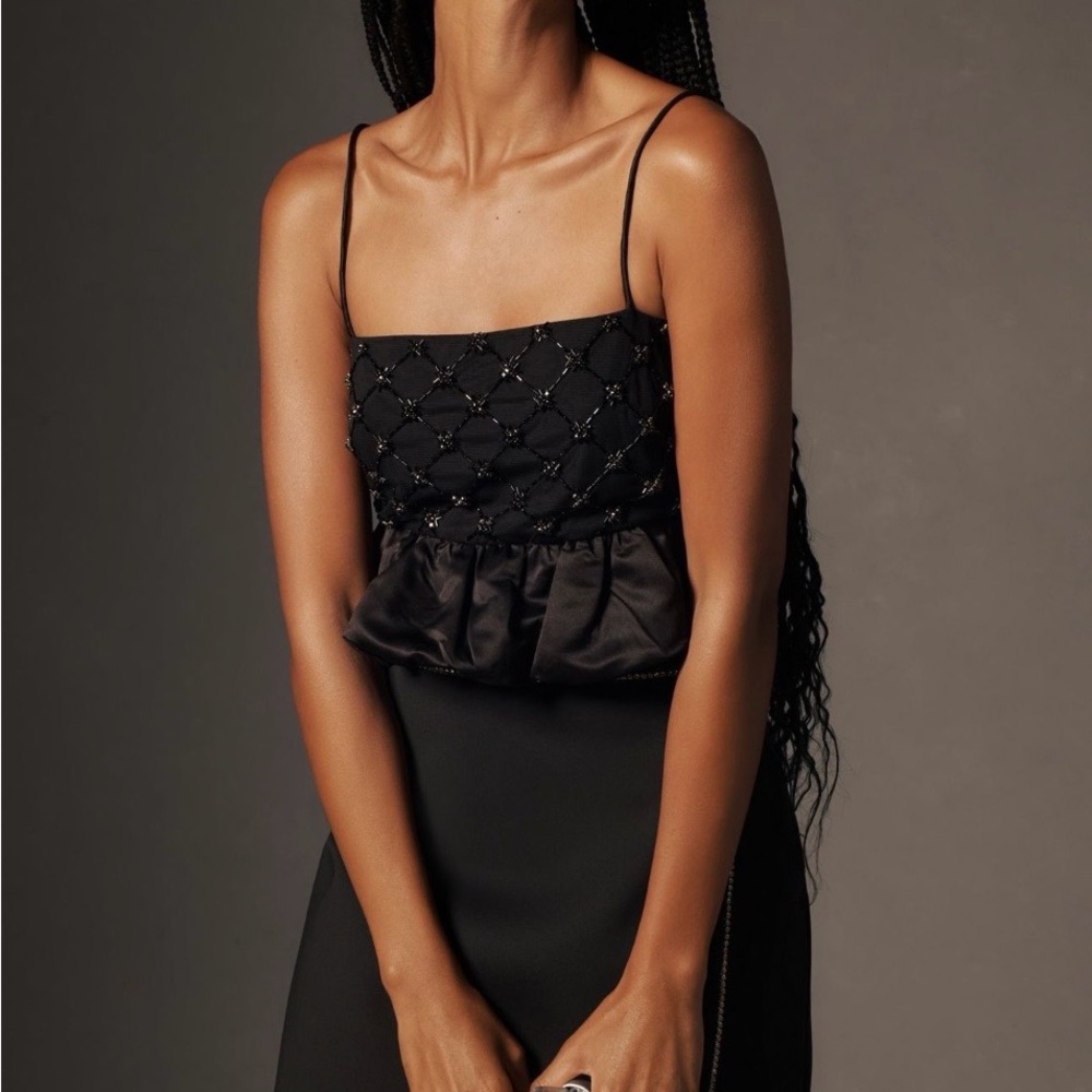 NWT Anthropologie Black Beaded Satin Crop Tank